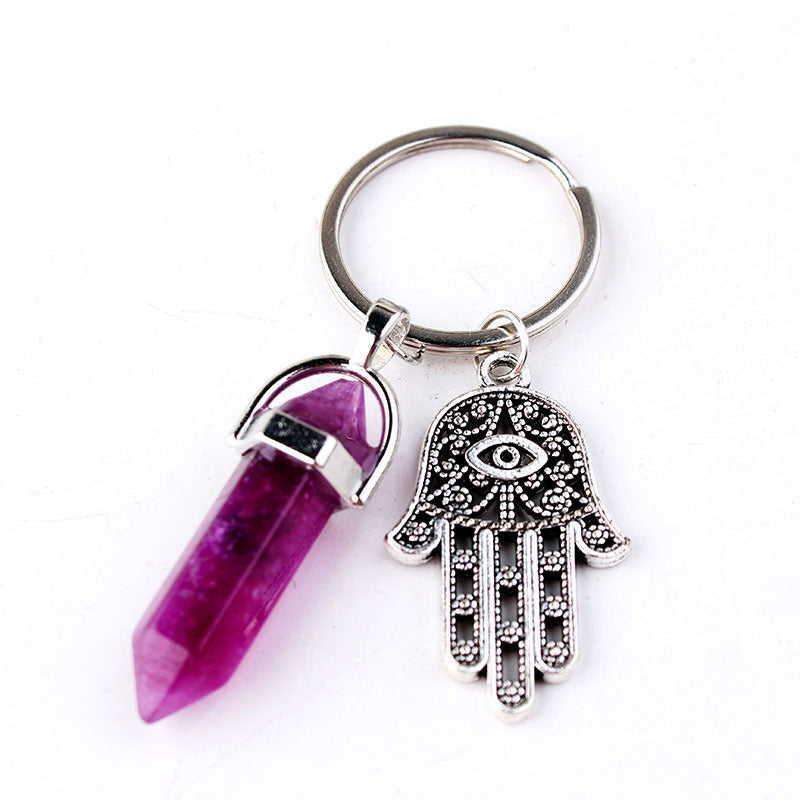 Fashion Crystal Pendant Multicolor Alloy Fatima Hand Natural Stone Hexagonal Keychain - Frazeshop