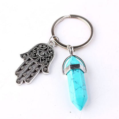 Fashion Crystal Pendant Multicolor Alloy Fatima Hand Natural Stone Hexagonal Keychain - Frazeshop