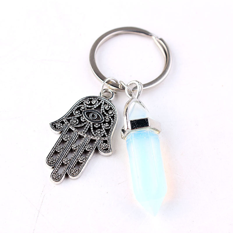 Fashion Crystal Pendant Multicolor Alloy Fatima Hand Natural Stone Hexagonal Keychain - Frazeshop