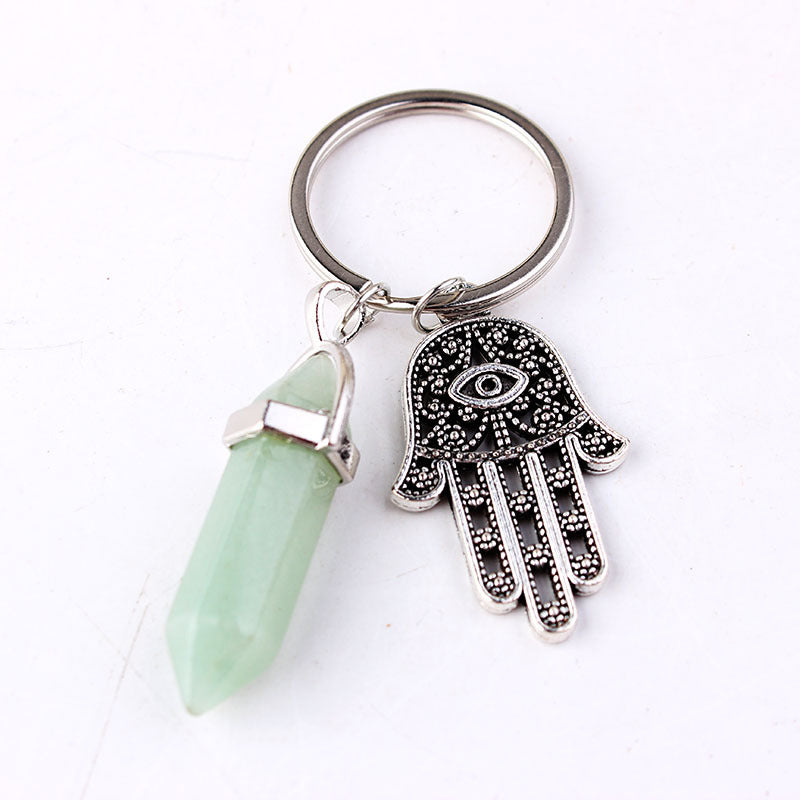 Fashion Crystal Pendant Multicolor Alloy Fatima Hand Natural Stone Hexagonal Keychain - Frazeshop