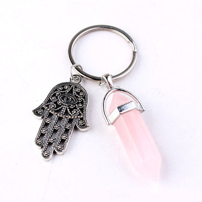 Fashion Crystal Pendant Multicolor Alloy Fatima Hand Natural Stone Hexagonal Keychain - Frazeshop