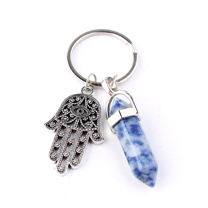 Fashion Crystal Pendant Multicolor Alloy Fatima Hand Natural Stone Hexagonal Keychain - Frazeshop