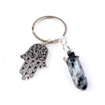 Fashion Crystal Pendant Multicolor Alloy Fatima Hand Natural Stone Hexagonal Keychain - Frazeshop