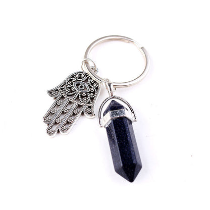 Fashion Crystal Pendant Multicolor Alloy Fatima Hand Natural Stone Hexagonal Keychain - Frazeshop