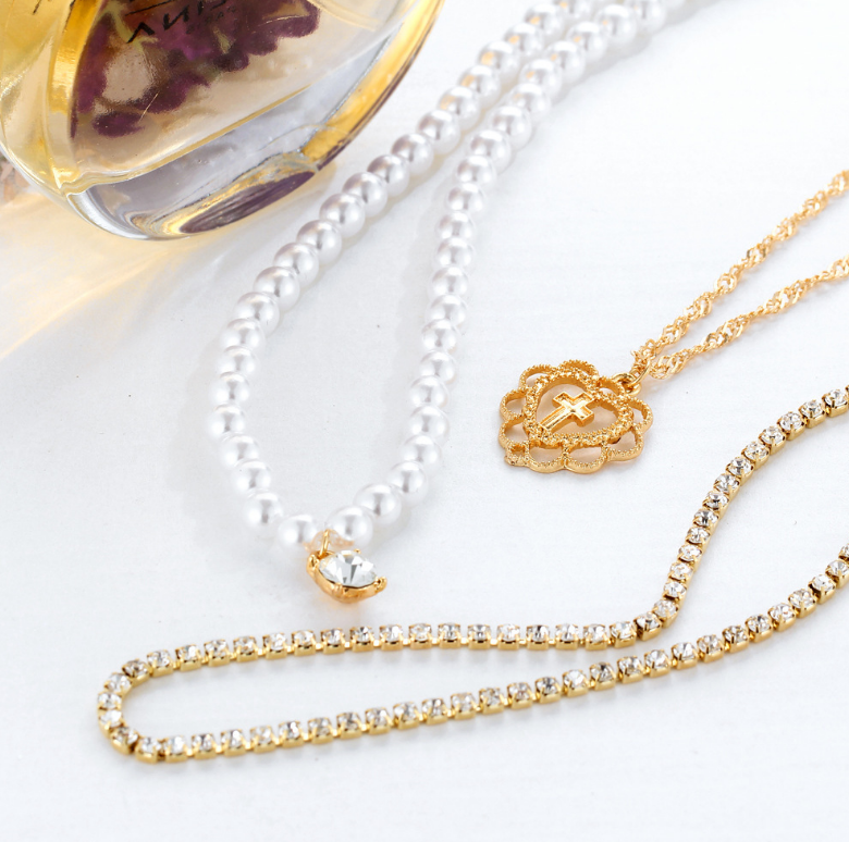 Pearl Drops Love Necklace Rhinestone Multilayer Wedding Clavicle Chain - Frazeshop