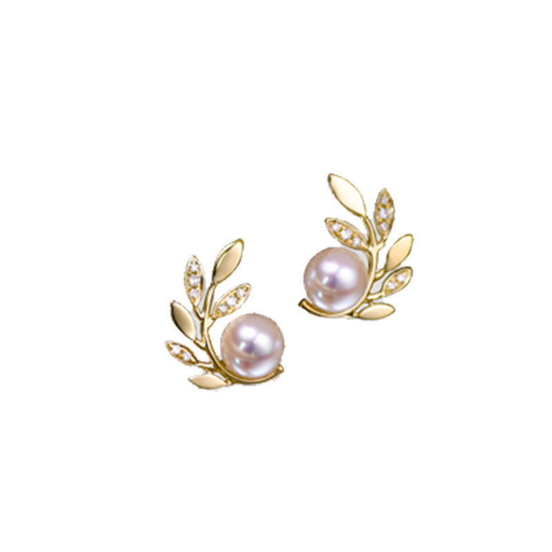 Olive Branch Aurora Pearl Zirconia Stud Earrings - Frazeshop