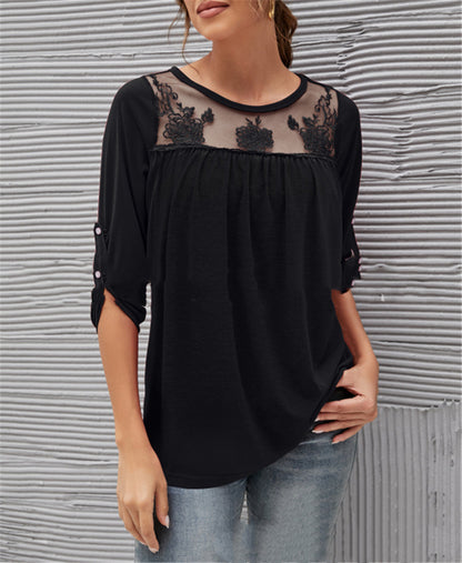 Long sleeve Lace Pleated Blouse - Frazeshop