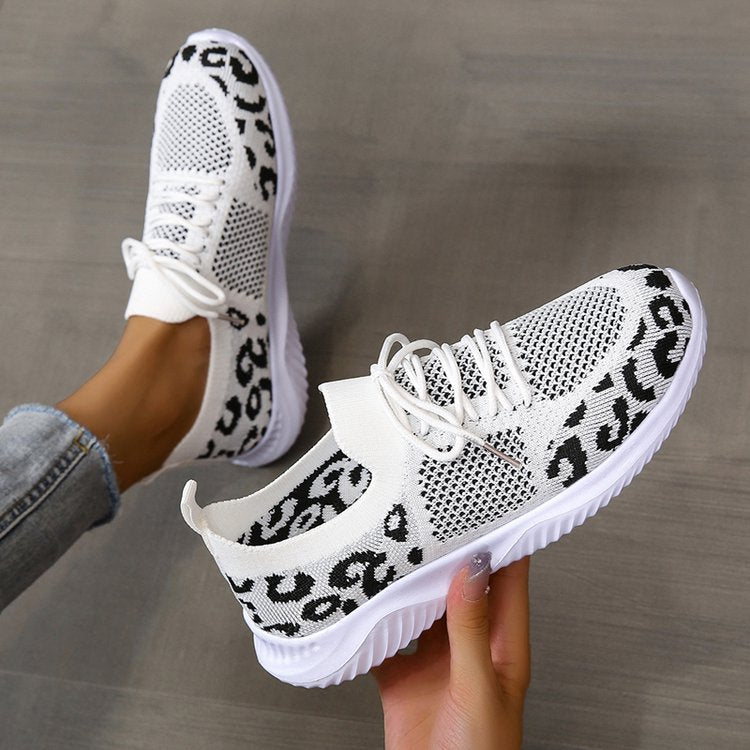 White Leopard Print Lace-up Sneakers - Frazeshop