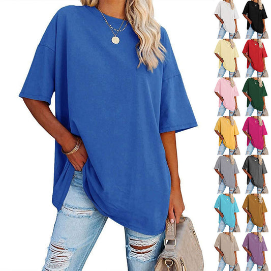 Loose Drop Shoulder Sleeves Round Neck Short Sleeve Top - Frazeshop