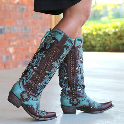 Women's Pointed Thick Heel Embroidered Printed Lace-up Mid-tube Boots - Frazeshop