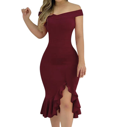 One-Shoulder Ruffle Dress Women's Clothing - Frazeshop