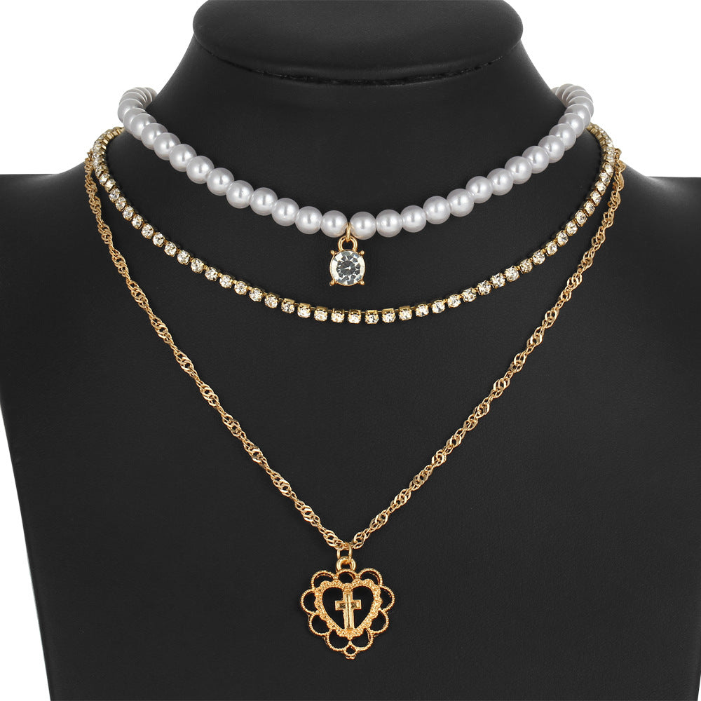 Pearl Drops Love Necklace Rhinestone Multilayer Wedding Clavicle Chain - Frazeshop