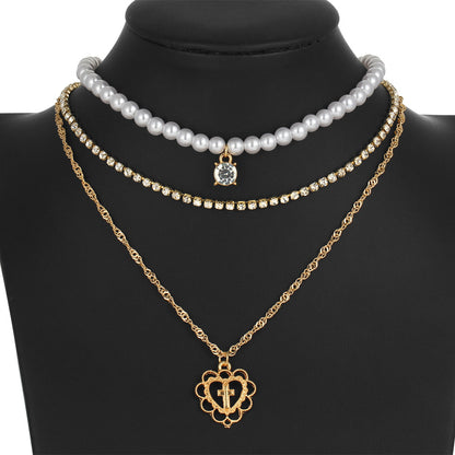 Pearl Drops Love Necklace Rhinestone Multilayer Wedding Clavicle Chain - Frazeshop