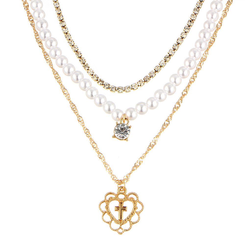 Pearl Drops Love Necklace Rhinestone Multilayer Wedding Clavicle Chain - Frazeshop