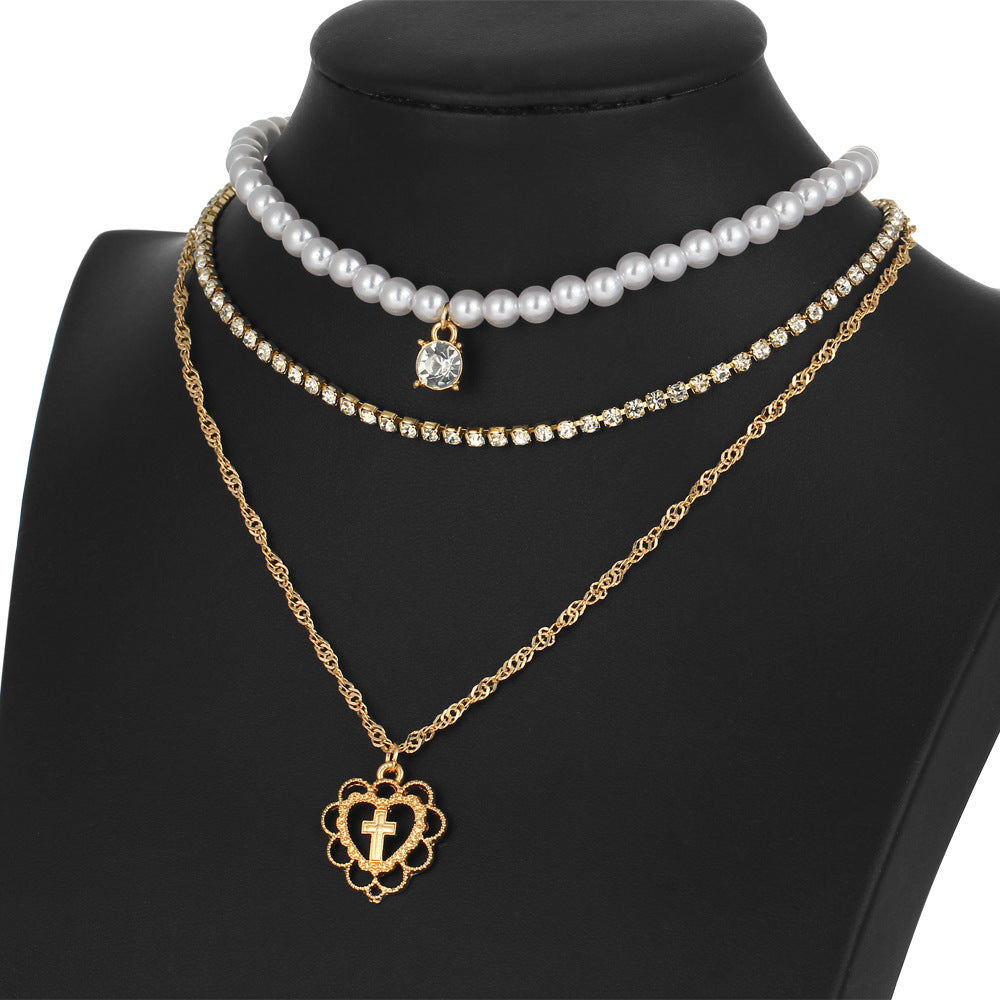 Pearl Drops Love Necklace Rhinestone Multilayer Wedding Clavicle Chain - Frazeshop