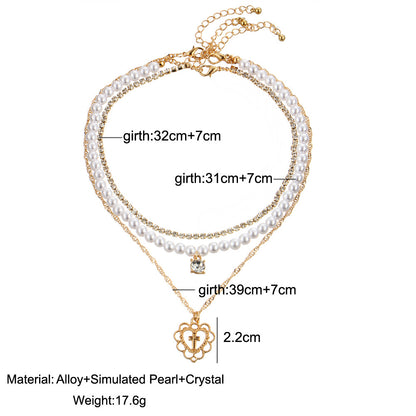 Pearl Drops Love Necklace Rhinestone Multilayer Wedding Clavicle Chain - Frazeshop