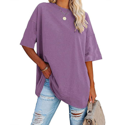 Loose Drop Shoulder Sleeves Round Neck Short Sleeve Top - Frazeshop