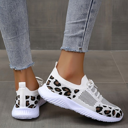 White Leopard Print Lace-up Sneakers - Frazeshop