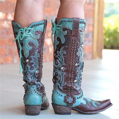 Women's Pointed Thick Heel Embroidered Printed Lace-up Mid-tube Boots - Frazeshop