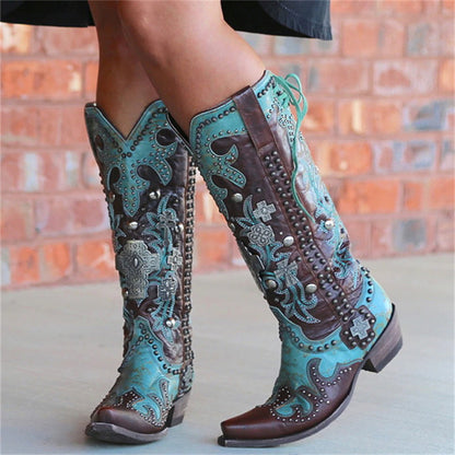 Women's Pointed Thick Heel Embroidered Printed Lace-up Mid-tube Boots - Frazeshop