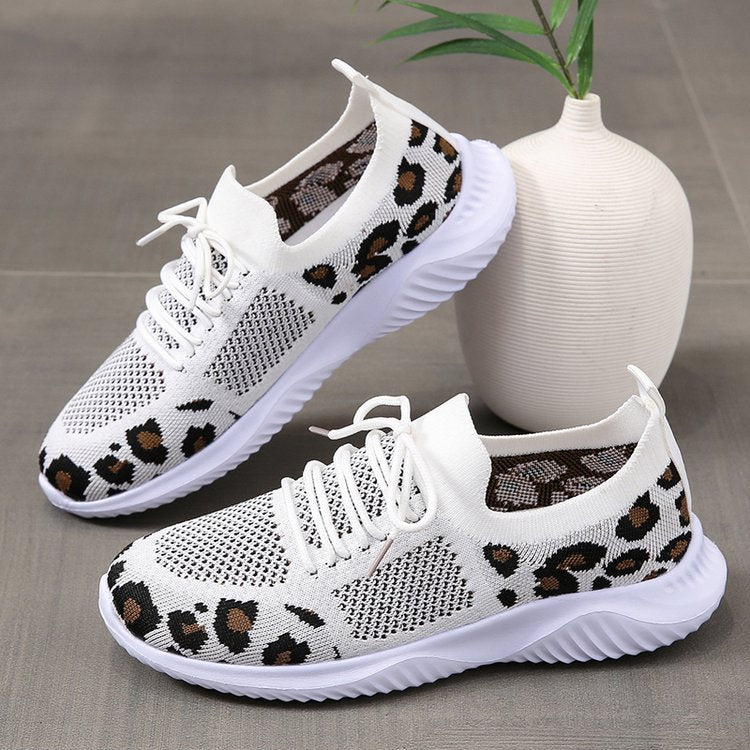 White Leopard Print Lace-up Sneakers - Frazeshop