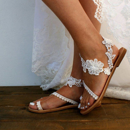 Flowered Bohemia Beach Style Lace Sandals With Ankle Strap - Frazeshop