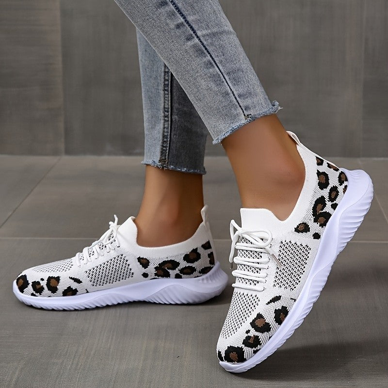 White Leopard Print Lace-up Sneakers - Frazeshop