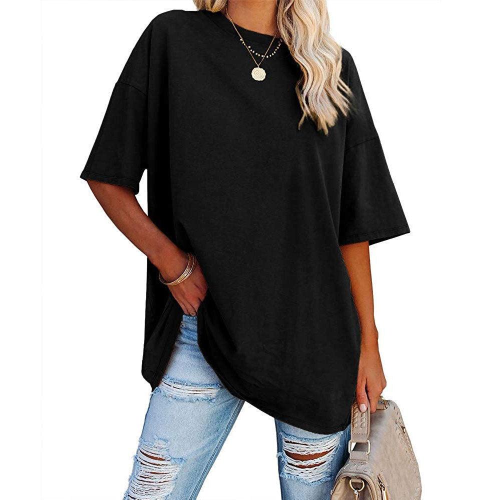 Loose Drop Shoulder Sleeves Round Neck Short Sleeve Top - Frazeshop