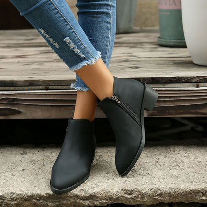 Mid Heel Ankle Boots (Waterproof with Side Zipper) - Frazeshop