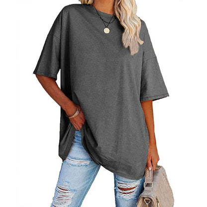 Loose Drop Shoulder Sleeves Round Neck Short Sleeve Top - Frazeshop