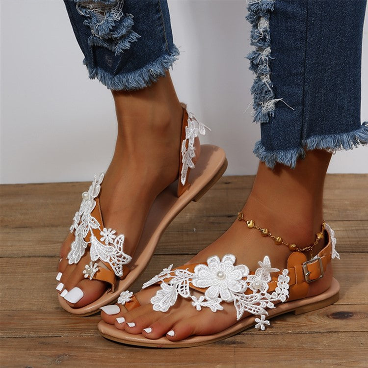 Flowered Bohemia Beach Style Lace Sandals With Ankle Strap - Frazeshop